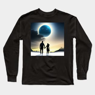 Valentine Wall Art -  Cosmic couple in the mist - Unique Valentine Fantasy Planet Landsape - Photo print, canvas, artboard print Long Sleeve T-Shirt